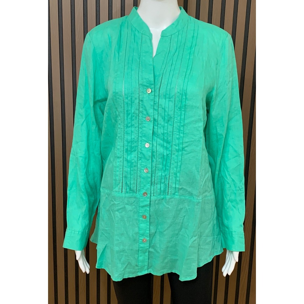 J. Jill Women's Seagreen Linen Pintuck Tunic Blouse NWT LP Petite Classic